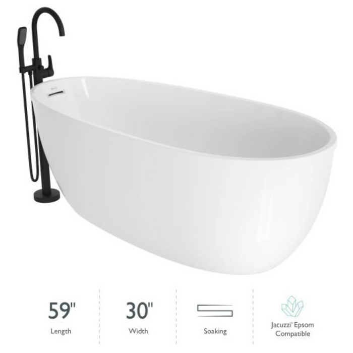 Jacuzzi Signature 60" Free Standing Acrylic Soaking Tub with Matte Black Free Standing Tub Filler and Handshower, Reversible Drain, Drain Assembly and Overflow - White - Luxe Vanity & Tub