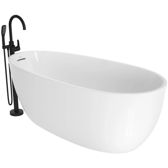 Jacuzzi Signature 60" Free Standing Acrylic Soaking Tub with Matte Black Free Standing Tub Filler and Handshower, Reversible Drain, Drain Assembly and Overflow - White - Luxe Vanity & Tub