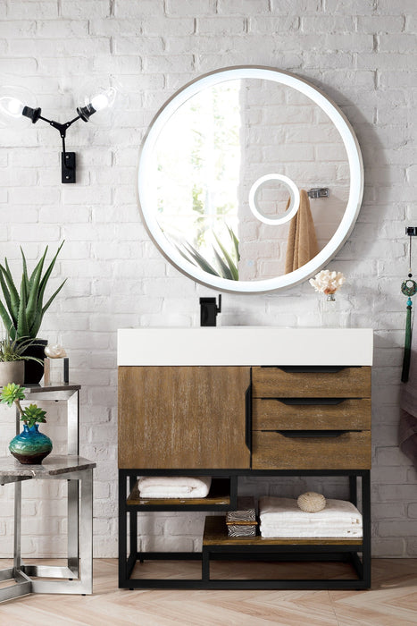 Columbia 36" Single Vanity, Latte Oak, Matte Black w/ Glossy White Composite Stone Top - Luxe Vanity & Tub