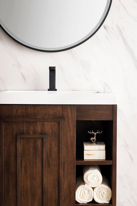 Alicante 24" Single Vanity, Mid-Century Acacia, Matte Black w/ White Glossy Composite Stone Top - Luxe Vanity & Tub