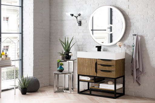 Columbia 36" Single Vanity, Latte Oak, Matte Black w/ Glossy White Composite Stone Top - Luxe Vanity & Tub