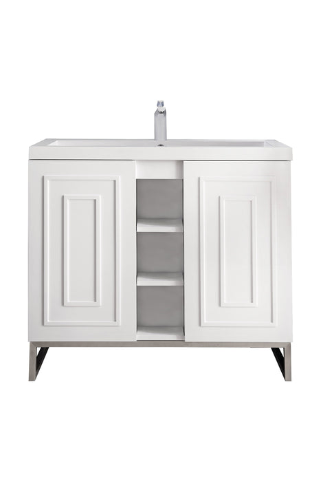 Alicante 39.5" Single Vanity, Glossy White, Brushed Nickel w/ White Glossy Composite Stone Top - Luxe Vanity & Tub