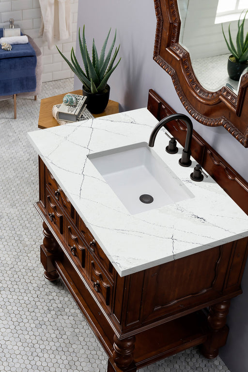 Castilian 36" Single Vanity, Aged Cognac w/ 3 CM Ethereal Noctis Quartz Top - Luxe Vanity & Tub