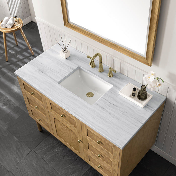 Laurent 48" Single Vanity in Light Natural Oak James Martin Vanities White Zeus Quartz Single Faucet Top w/Backsplash 