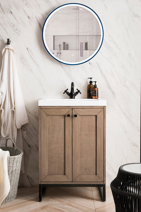 Chianti 24" Single Vanity, Whitewashed Walnut, Matte Black, w/ White Glossy Composite Stone Top - Luxe Vanity & Tub