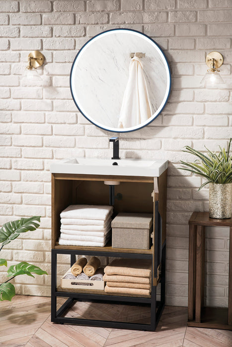 Columbia 24" Single Vanity, Latte Oak, Matte Black w/ White Glossy Composite Stone Top - Luxe Vanity & Tub