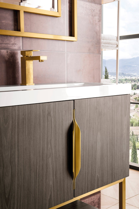 Columbia 31.5" Single Vanity, Ash Gray, Radiant Gold, w/ White Glossy Composite Stone Top - Luxe Vanity & Tub