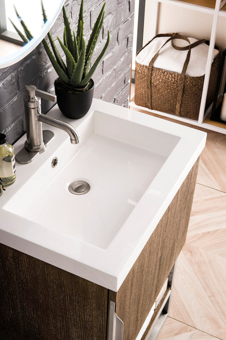 Columbia 24" Single Vanity, Latte Oak, Brushed Nickel w/ White Glossy Composite Stone Top - Luxe Vanity & Tub