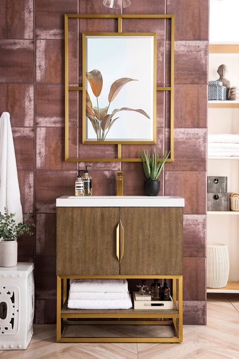 Columbia 31.5" Single Vanity, Latte Oak, Radiant Gold, w/ White Glossy Composite Stone Top - Luxe Vanity & Tub