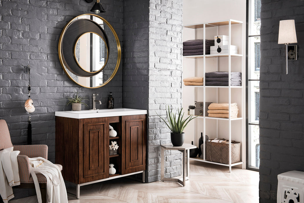 Alicante 39.5" Single Vanity, Mid-Century Acacia, Brushed Nickel w/ White Glossy Composite Stone Top - Luxe Vanity & Tub