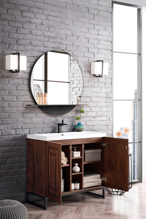 Alicante 39.5" Single Vanity, Mid-Century Acacia, Matte Black w/ White Glossy Composite Stone Top - Luxe Vanity & Tub