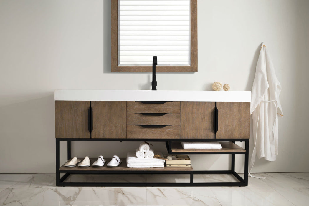 Columbia 72" Single Vanity, Latte Oak, Matte Black w/ Glossy White Composite Stone Top - Luxe Vanity & Tub