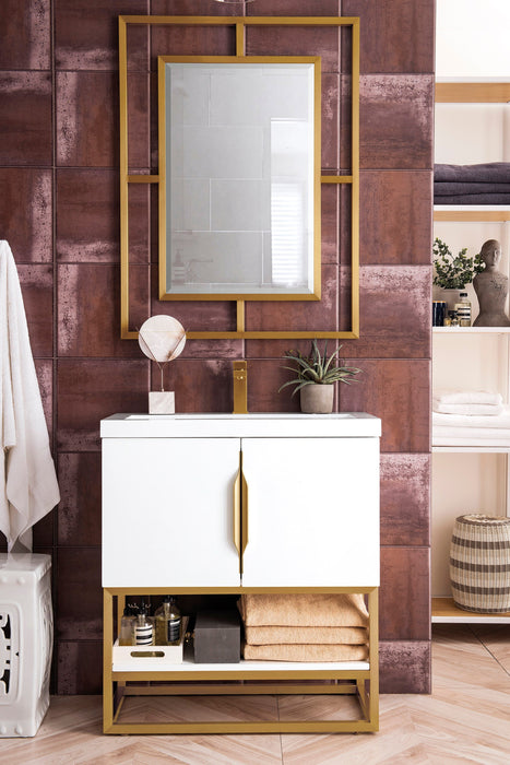 Columbia 31.5" Single Vanity, Glossy White, Radiant Gold, w/ White Glossy Composite Stone Top - Luxe Vanity & Tub