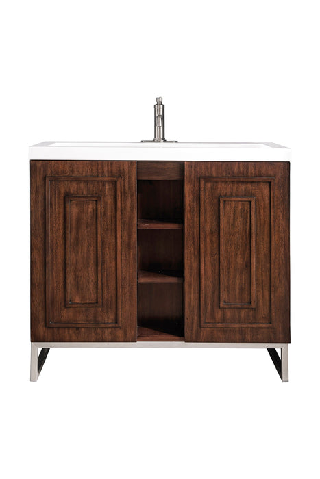 Alicante 39.5" Single Vanity, Mid-Century Acacia, Brushed Nickel w/ White Glossy Composite Stone Top - Luxe Vanity & Tub