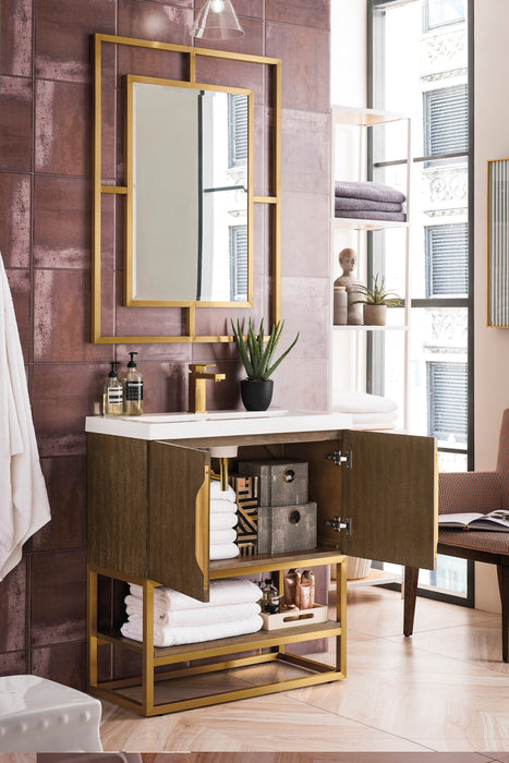 Columbia 31.5" Single Vanity, Latte Oak, Radiant Gold, w/ White Glossy Composite Stone Top - Luxe Vanity & Tub