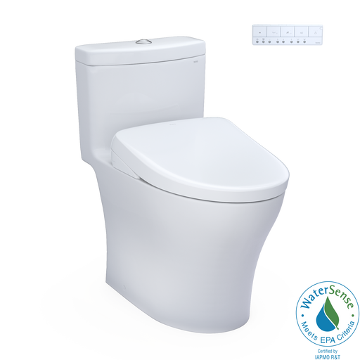 TOTO Aquia IV 0.9 / 1.28 GPF Dual Flush One Piece Elongated Chair Height Toilet with Washlet+ S7A Auto Open/Close Bidet Seat and Dynamax Tornado Auto Flush - Luxe Vanity & Tub