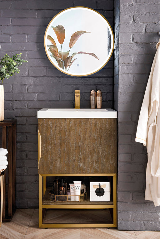 Columbia 24" Single Vanity, Latte Oak, Radiant Gold w/ White Glossy Composite Stone Top - Luxe Vanity & Tub