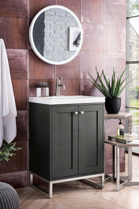 Chianti 24" Single Vanity, Mineral Gray, Brushed Nickel, w/ White Glossy Composite Stone Top - Luxe Vanity & Tub