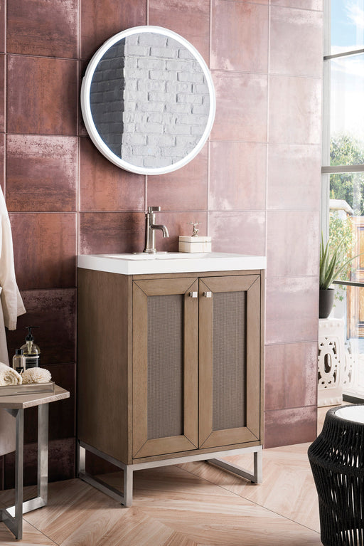 Chianti 24" Single Vanity, Whitewashed Walnut, Brushed Nickel, w/ White Glossy Composite Stone Top - Luxe Vanity & Tub