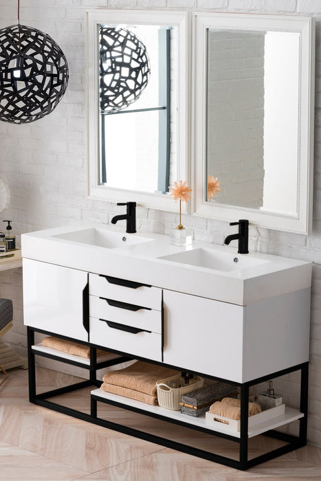 Columbia 59" Double Vanity, Glossy White, Matte Black w/ Glossy White Composite Stone Top - Luxe Vanity & Tub