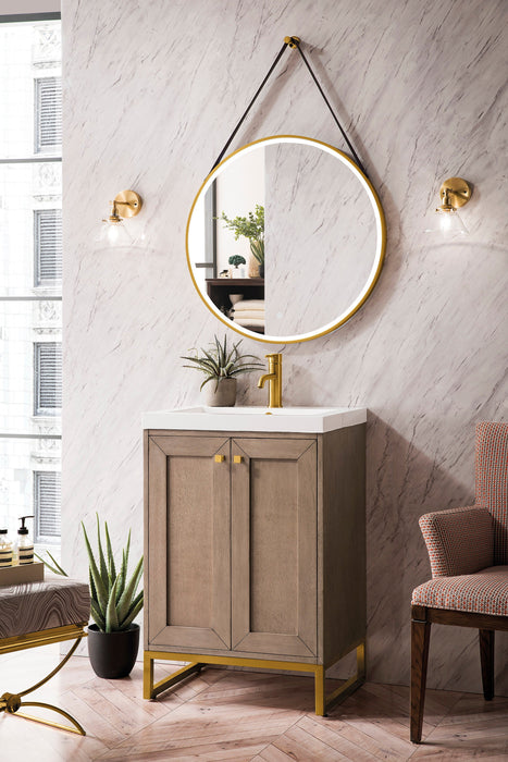 Chianti 20" Single Vanity, Whitewashed Walnut, Radiant Gold, w/ White Glossy Composite Stone Top - Luxe Vanity & Tub