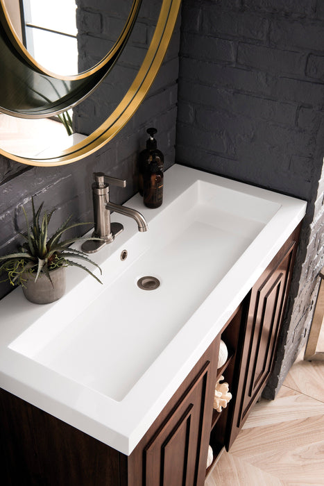 Alicante 39.5" Single Vanity, Mid-Century Acacia, Brushed Nickel w/ White Glossy Composite Stone Top - Luxe Vanity & Tub