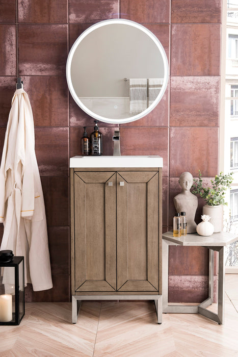 Chianti 20" Single Vanity, Whitewashed Walnut, Brushed Nickel, w/ White Glossy Composite Stone Top - Luxe Vanity & Tub