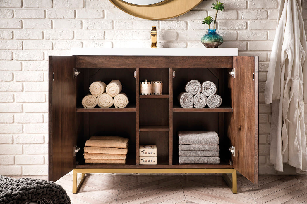 Alicante 39.5" Single Vanity, Mid-Century Acacia, Radiant Gold w/ White Glossy Composite Stone Top - Luxe Vanity & Tub