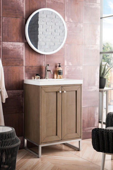 Chianti 24" Single Vanity, Whitewashed Walnut, Brushed Nickel, w/ White Glossy Composite Stone Top - Luxe Vanity & Tub