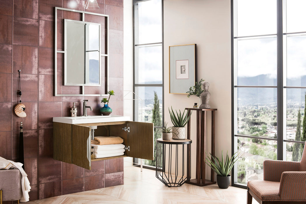 Columbia 31.5" Single Vanity, Latte Oak w/ White Glossy Composite Stone Top - Luxe Vanity & Tub