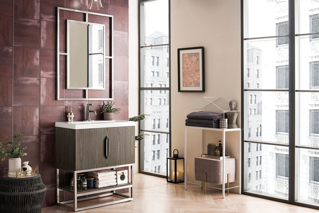 Columbia 31.5" Single Vanity, Ash Gray, Brushed Nickel, w/ White Glossy Composite Stone Top - Luxe Vanity & Tub