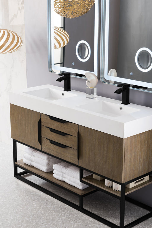 Columbia 59" Double Vanity, Latte Oak, Matte Black w/ Glossy White Composite Stone Top - Luxe Vanity & Tub