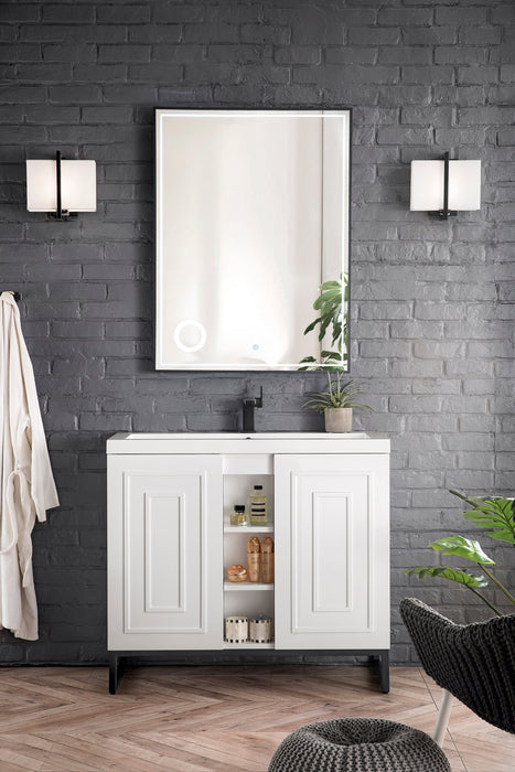 Alicante 39.5" Single Vanity, Glossy White, Matte Black w/ White Glossy Composite Stone Top - Luxe Vanity & Tub