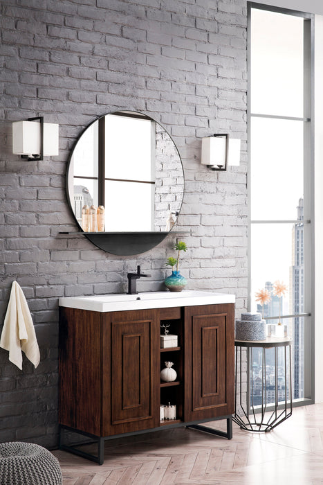 Alicante 39.5" Single Vanity, Mid-Century Acacia, Matte Black w/ White Glossy Composite Stone Top - Luxe Vanity & Tub