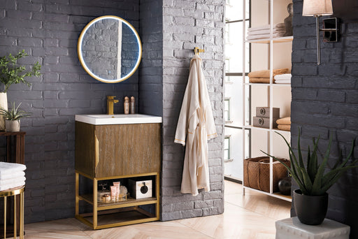 Columbia 24" Single Vanity, Latte Oak, Radiant Gold w/ White Glossy Composite Stone Top - Luxe Vanity & Tub