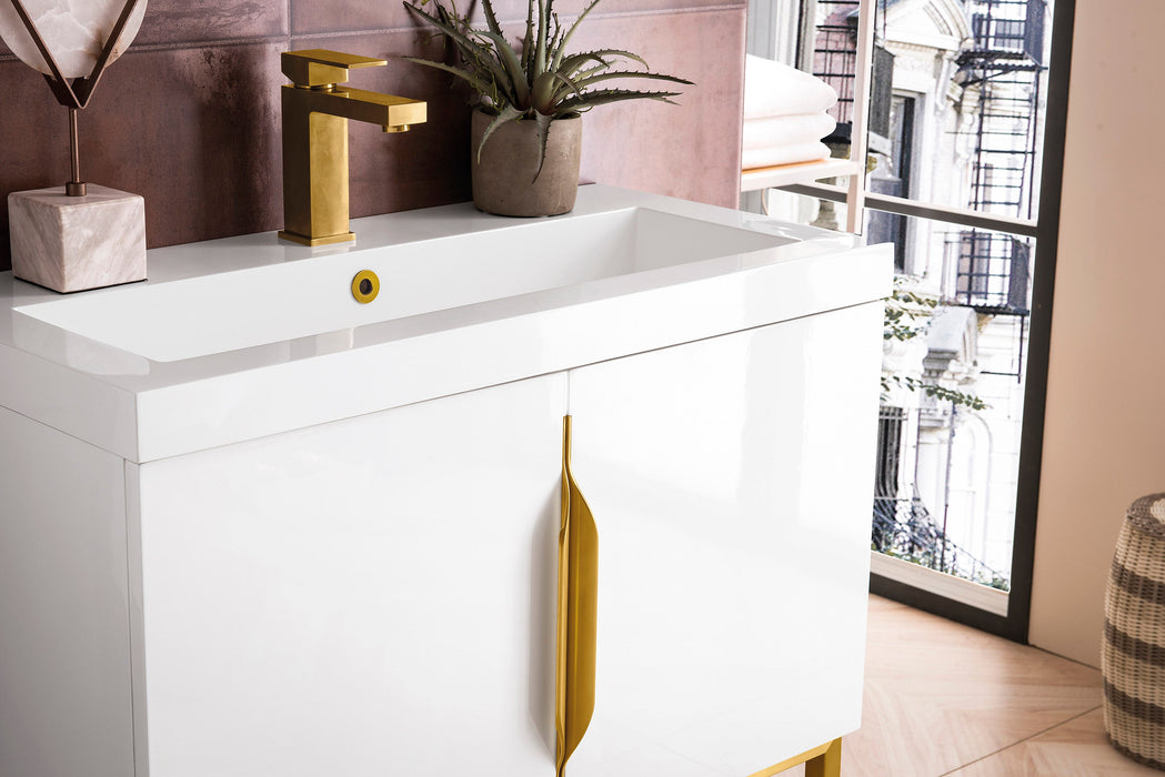 Columbia 31.5" Single Vanity, Glossy White, Radiant Gold, w/ White Glossy Composite Stone Top - Luxe Vanity & Tub