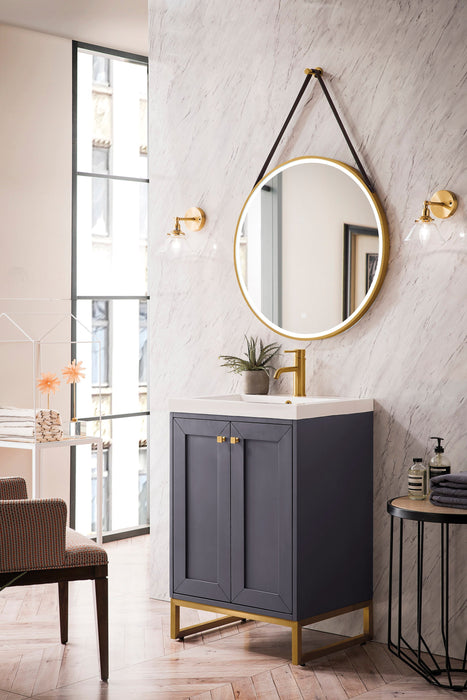 Chianti 24" Single Vanity, Mineral Gray, Radiant Gold, w/ White Glossy Composite Stone Top - Luxe Vanity & Tub