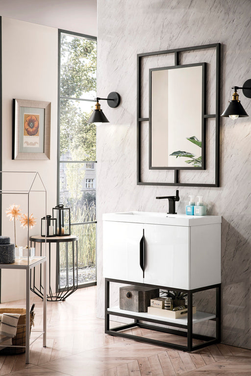 Columbia 31.5" Single Vanity, Glossy White, Matte Black, w/ White Glossy Composite Stone Top - Luxe Vanity & Tub