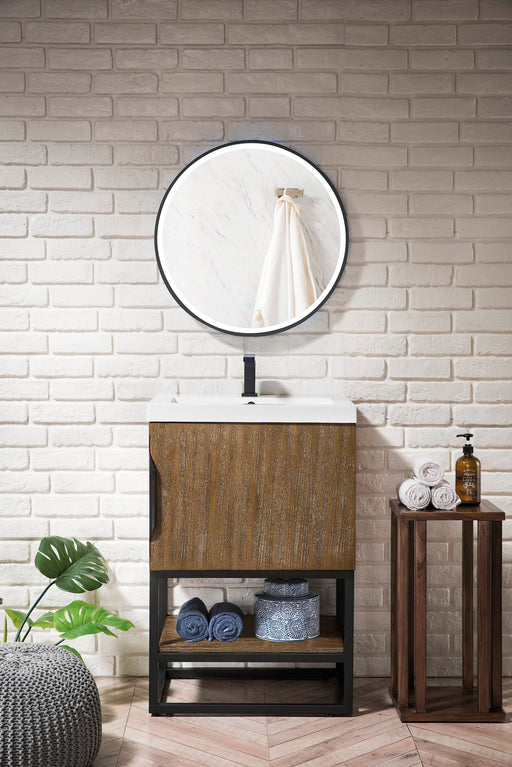 Columbia 24" Single Vanity, Latte Oak, Matte Black w/ White Glossy Composite Stone Top - Luxe Vanity & Tub