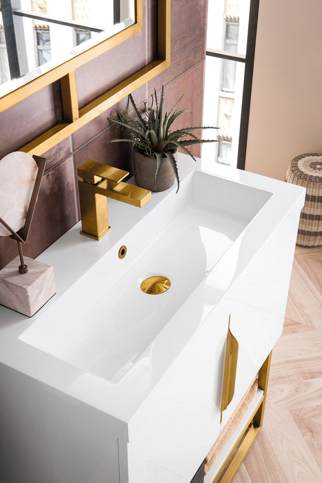 Columbia 31.5" Single Vanity, Glossy White, Radiant Gold, w/ White Glossy Composite Stone Top - Luxe Vanity & Tub