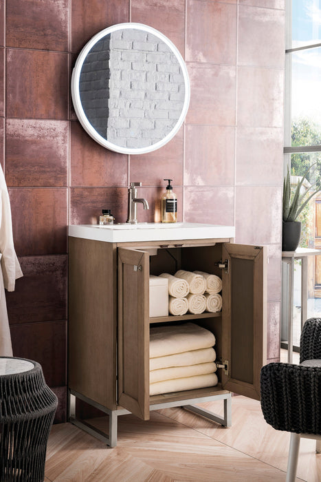 Chianti 24" Single Vanity, Whitewashed Walnut, Brushed Nickel, w/ White Glossy Composite Stone Top - Luxe Vanity & Tub