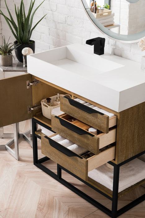 Columbia 36" Single Vanity, Latte Oak, Matte Black w/ Glossy White Composite Stone Top - Luxe Vanity & Tub