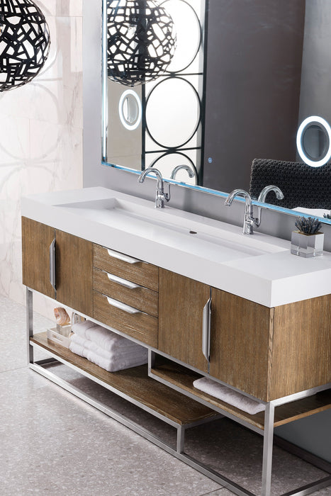 Columbia 72" Double Vanity, Latte Oak, Brushed Nickel w/ Glossy White Composite Stone Top - Luxe Vanity & Tub