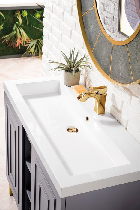 Alicante 39.5" Single Vanity, Gray Smoke, Radiant Gold w/ White Glossy Composite Stone Top - Luxe Vanity & Tub