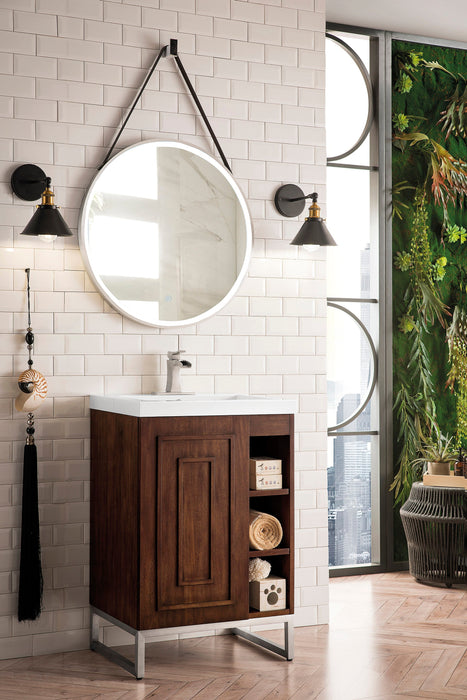 Alicante 24" Single Vanity, Mid-Century Acacia, Brushed Nickel w/ White Glossy Composite Stone Top - Luxe Vanity & Tub