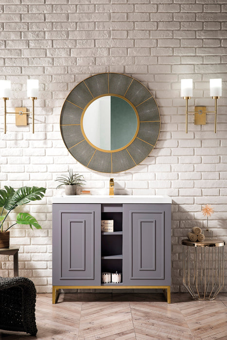 Alicante 39.5" Single Vanity, Gray Smoke, Radiant Gold w/ White Glossy Composite Stone Top - Luxe Vanity & Tub