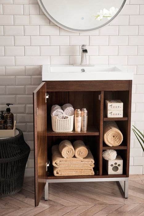 Alicante 24" Single Vanity, Mid-Century Acacia, Brushed Nickel w/ White Glossy Composite Stone Top - Luxe Vanity & Tub