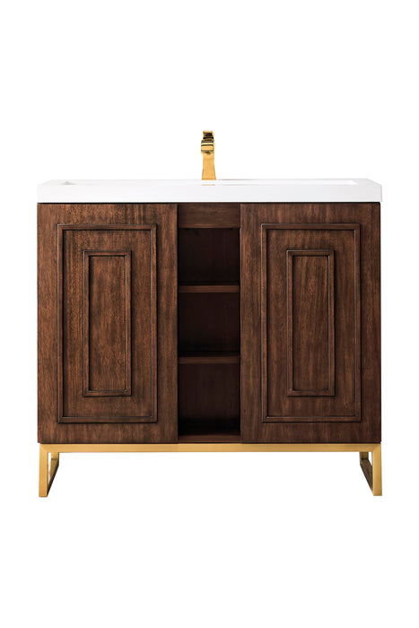 Alicante 39.5" Single Vanity, Mid-Century Acacia, Radiant Gold w/ White Glossy Composite Stone Top - Luxe Vanity & Tub