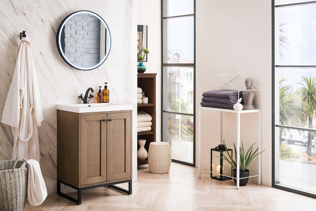 Chianti 24" Single Vanity, Whitewashed Walnut, Matte Black, w/ White Glossy Composite Stone Top - Luxe Vanity & Tub