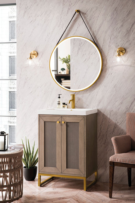 Chianti 20" Single Vanity, Whitewashed Walnut, Radiant Gold, w/ White Glossy Composite Stone Top - Luxe Vanity & Tub